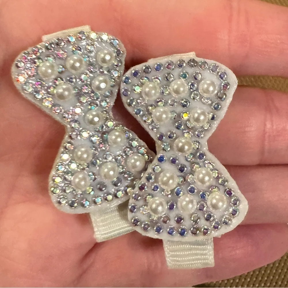 White Bow Hair Clips With Pearls And Rhinestones